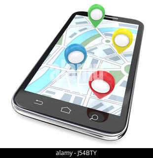 Smartphone mit GPS-Zeiger auf dem Bildschirm-Anzeige-Map. Ansicht von oben. 3D Render. Stockfoto