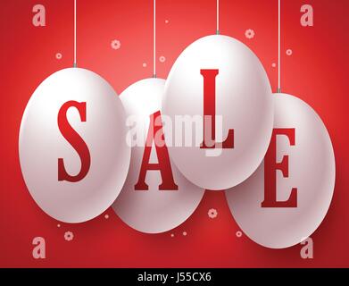 Verkauf Vektortext in weißen Eiern mit Saiten hängen in rotem Hintergrund für Ostern und Store-Promotions. Vektor-Illustration. Stock Vektor
