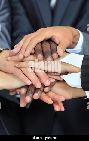 Menschen setzen ihre Hände zusammen, Hände im Fokus Stockfoto