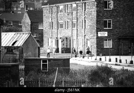 The Boulevard, Buttershaw Estate, Bradford, West Yorkshire ein weitläufiger Gemeinderat der 50er Jahre des rats Wohnungssystem. 1982. Schwarzweiß-Bilder aus dem Jahr 1982 zeigen die düstere Umgebung eines typischen nordenglischen Arbeiterbeckens. Stockfoto