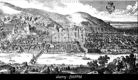 Blick auf Heidelberg vor der Zerstörung, 1620, Kupferstich von Matthaeus Merian, digital verbesserte Wiedergabe aus einer Publikation des Jahres 1880 Stockfoto