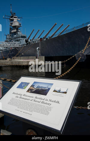 Virginia, Norfolk. Hampton Straßen Marinemuseum. Schlachtschiff Wisconsin, BB-64, eines der größten und letzten Schlachtschiffe von der US Navy gebaut. Sie diente ich Stockfoto