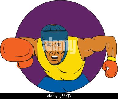Zeichnung Skizze Stil Illustration ein Amateur-Boxer tragen Kopfbedeckungen Stanzen von vorderen Satz im inneren Kreis betrachtet. Stock Vektor