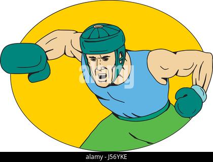 Zeichnung Skizze Stil Illustration ein Amateur-Boxer tragen Kopfbedeckungen schlagen einen KO-Schlag betrachtet von vorne im inneren ovalen Form. Stock Vektor
