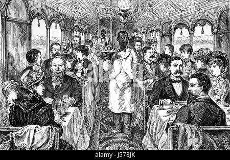 1879: Passagiere, die Speisen in einem Pullman Salon Waggon auf der Pennsylvania Railroad, New York City, Baltimore, New York Staat, Vereinigte Staaten von Amerika Stockfoto