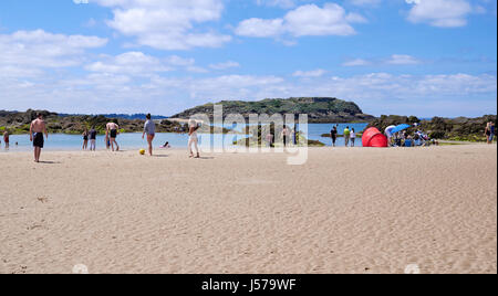 Sillon Strand und Cézembre Insel in Saint-Malo (Bretagne, Frankreich). Stockfoto