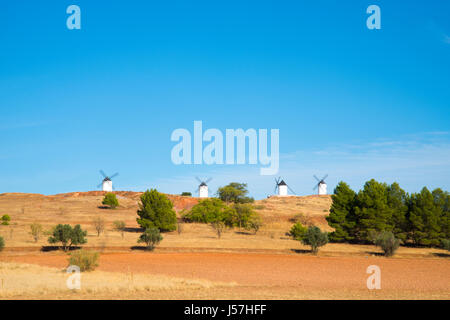 Vier Windmühlen auf einem Hügel. Alcazar de San Juan, Provinz Ciudad Real, Castilla La Mancha, Spanien. Stockfoto