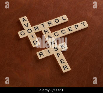 Kreuzworträtsel mit Worten vermeiden, Steuerung, Übertragung, annehmen. Risiko-Management-Konzept. Elfenbein Fliesen mit Großbuchstaben auf Mahagoni Brett. Stockfoto