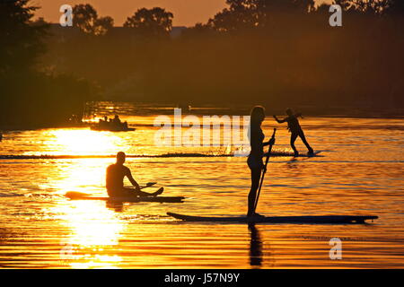 Leute, die Sport urban Wassersport auf dem See SUP Kabel Wakeboard Kajak Wakeboard Stand up Paddeln Paddel bei Sonnenuntergang outdoor-Aktivitäten Stockfoto