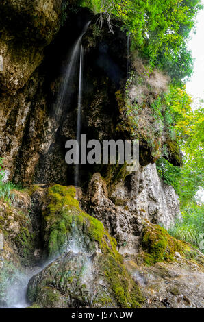 Kleiner Fluss in den tiefen Wald verwandelt sich in charmanten Wasserfall. Stockfoto