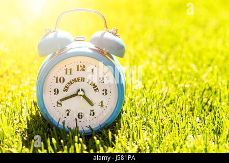 Sommer-Urlaubszeit - Wecker im grünen Rasen an sonnigen Tag Stockfoto
