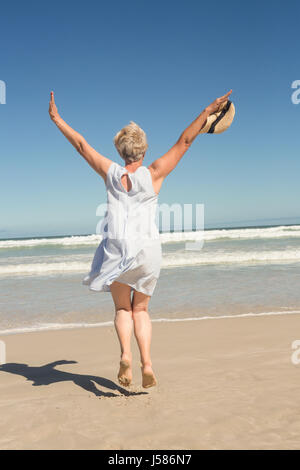 Rückansicht der Frau stand am Ufer gegen klaren Himmel am Strand Stockfoto