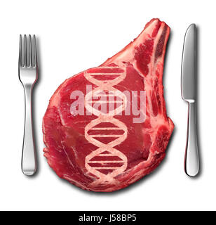 Gentechnisch veränderte Fleisch Konzept und GVO-Symbol als ein Steak mit einem DNA-Strang in Fleisch und Blut als ein Gentechnik geformt. Stockfoto