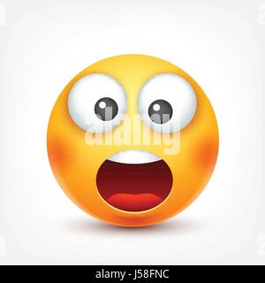 Smiley, Emoticon überrascht. Gelbes Gesicht mit Emotionen. Gesichtsausdruck. 3D realistisch Emoji. Lustige Comic-Figur. Stimmung. Web-Symbol. Vektor-Illustration. Stock Vektor