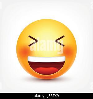 Smiley, Emoticon lachen. Gelbes Gesicht mit Emotionen. Gesichtsausdruck. 3D realistisch Emoji. Lustige Comic-Figur. Stimmung. Web-Symbol. Vektor-Illustration. Stock Vektor