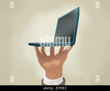 Hand hält kleine ultra-portable laptop Stockfoto