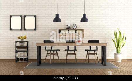 Esszimmer im industriellen Stil mit Tisch und Stühlen - 3d rendering Stockfoto
