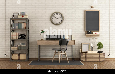 Home-Arbeitsbereich in industriellem Stil mit Schreibtisch, Bücherregal und Retro-Objekte - 3d rendering Stockfoto