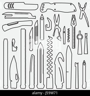 Satz von gefütterte Multifunktions-Messer Elemente, Linie Tasche Messer Illustration, Schweizer Messer, Mehrzweck-Taschenmesser, Armee-Messer-Sammlung Stock Vektor