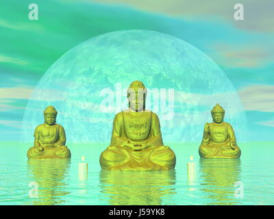 Drei goldene Buddhas neben Kerzen in grünen Hintergrund mit großen Mond - 3D render Stockfoto