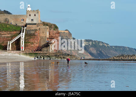 Blick entlang des Strandes in Richtung Sidmouth auf Devon Coast, England, mit Jacobs Ladder im Vordergrund und den Hügeln der Jurassic Coast hinaus. Stockfoto
