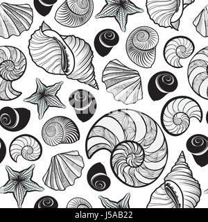 Seashell nahtlose Muster. Sommerurlaub marine Hintergrund. Unterwasser ornamentale Struktur skizzieren Tapete mit Muscheln, Meer und Sand. Stock Vektor