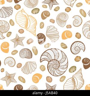 Seashell nahtlose Muster. Sommerurlaub marine Hintergrund. Unterwasser ornamentale Struktur skizzieren Tapete mit Muscheln, Meer und Sand. Stock Vektor