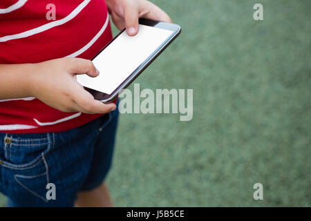 Zugeschnittenes Bild eines jungen mit Smartphone stehend auf Wiese Stockfoto