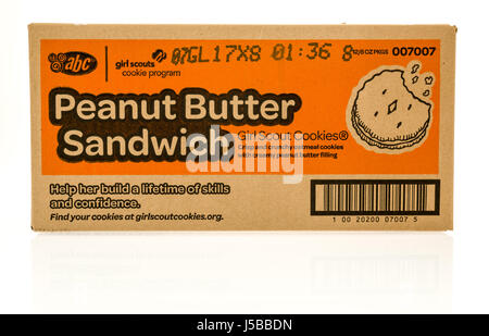 Winneconne, Wisconsin - 27. März 2017: ein Fall von Peanut Butter Sandwich Girl Scout Cookies auf einen isolierten Hintergrund. Stockfoto