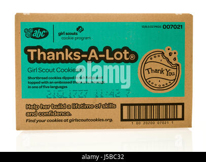 Winneconne, Wisconsin - 27. März 2017: ein Fall von vielen Dank viel Girl Scout Cookies auf einem isolierten Hintergrund. Stockfoto