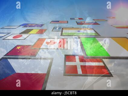 Digital Composite Panel mit Fahnen und Mann Erde Hintergrund Stockfoto
