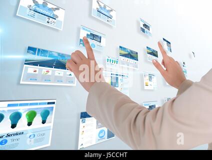 Digital Composite Platten mit websites(blue) in hellem Hintergrund. Frau Hände etwas drauf Stockfoto