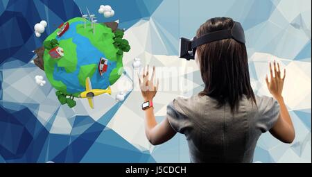 Digitalen Verbund aus Rückansicht des Geschäftsfrau, die VR-Brille mit low-Poly-Erde im Hintergrund Stockfoto