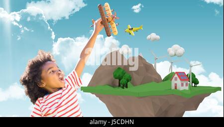 Digitalen Verbund aus glücklichen Kind spielt mit Flugzeug von low-Poly-cliff Stockfoto