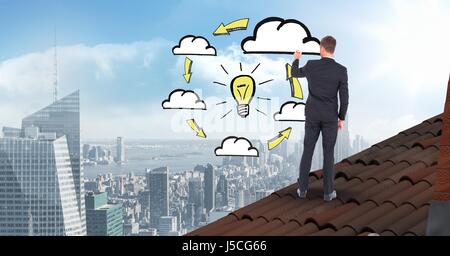 Digitalen Verbund der Geschäftsmann auf Dach zeichnen von Grafiken Stockfoto
