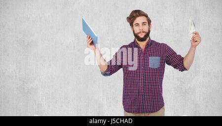 Digital Composite Hipster mit Geld und Tablet-PC Stockfoto