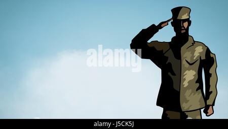 Digital Composite Cartoon Soldaten salutieren gegen blauen Himmel mit der cloud Stockfoto