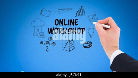 Digitalen Verbund aus Unternehmer Handzeichnung online-Workshop Symbole auf blauem Hintergrund Stockfoto