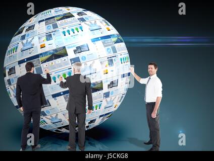 Digital Composite Panels mit Websites in einer Kugel und drei Business-Männer, die Dinge auf, die Stockfoto