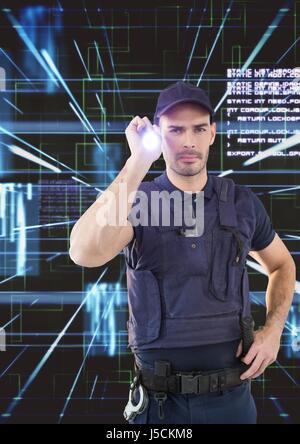 Digital Composite Wachmann mit Taschenlampe vor abstrakten Hintergrund Stockfoto