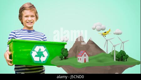 Digitalen Verbund aus fröhlicher Junge tragen recycling Kiste von low-Poly-cliff Stockfoto