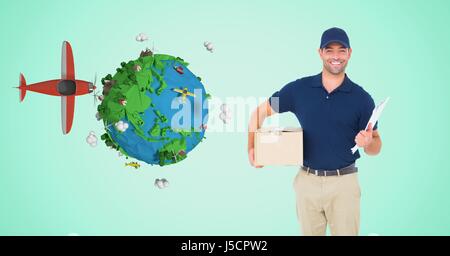 Digitalen Verbund aus Lieferung Mann mit Paket mit low-Poly-Erde und dem Flugzeug Stockfoto