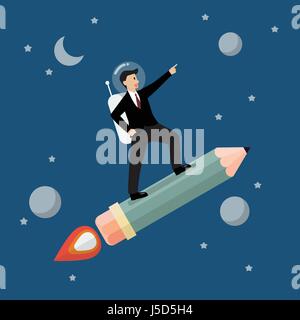 Geschäftsmann Astronaut Bleistift-Rakete. Flachen Stil-Vektor-illustration Stock Vektor