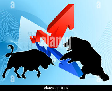 Finanzkonzept eines Silhouette Bären kämpfen ein Stier Maskottchen Zeichen vor einer Börse oder einem Gewinn graph Stockfoto