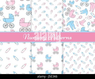 Satz von sechs nahtloser Vektor-Muster mit Artikeln für Neugeborene: Kinderwagen, Kleidung, Rassel, Schnuller und Fläschchen. Alle Muster sind bereits i Stock Vektor