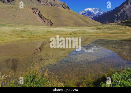 Aconcagua von Laguna de Los Horcones (in der Nähe von Paso De La Cumbre / Punete del Inca). Argentinien Stockfoto