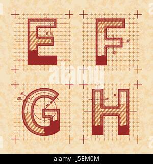 Erfinder-Skizzen von E F G H Briefe. Retro-Stil-Schriftart auf dem alten gelben strukturierten Papier Stock Vektor