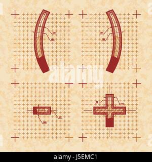 Mittelalterliche Erfinder Skizzen von Sonderzeichen. Retro-Stil-Schriftart auf strukturierte Altpapier Stock Vektor