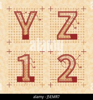 Mittelalterliche Erfinder Skizzen von Y Z 1 2 Buchstaben. Retro-Stil-Schriftart auf strukturierte Altpapier Stock Vektor