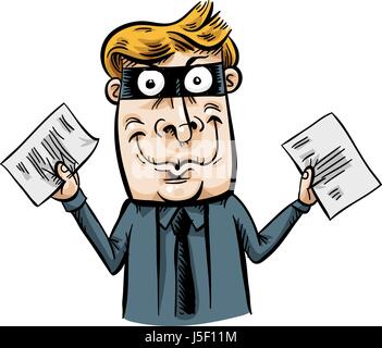 Ein schleichende Dieb in einem dunklen Anzug hält Papier und grinst, weil er einige Dokumente gestohlen hat. Stock Vektor